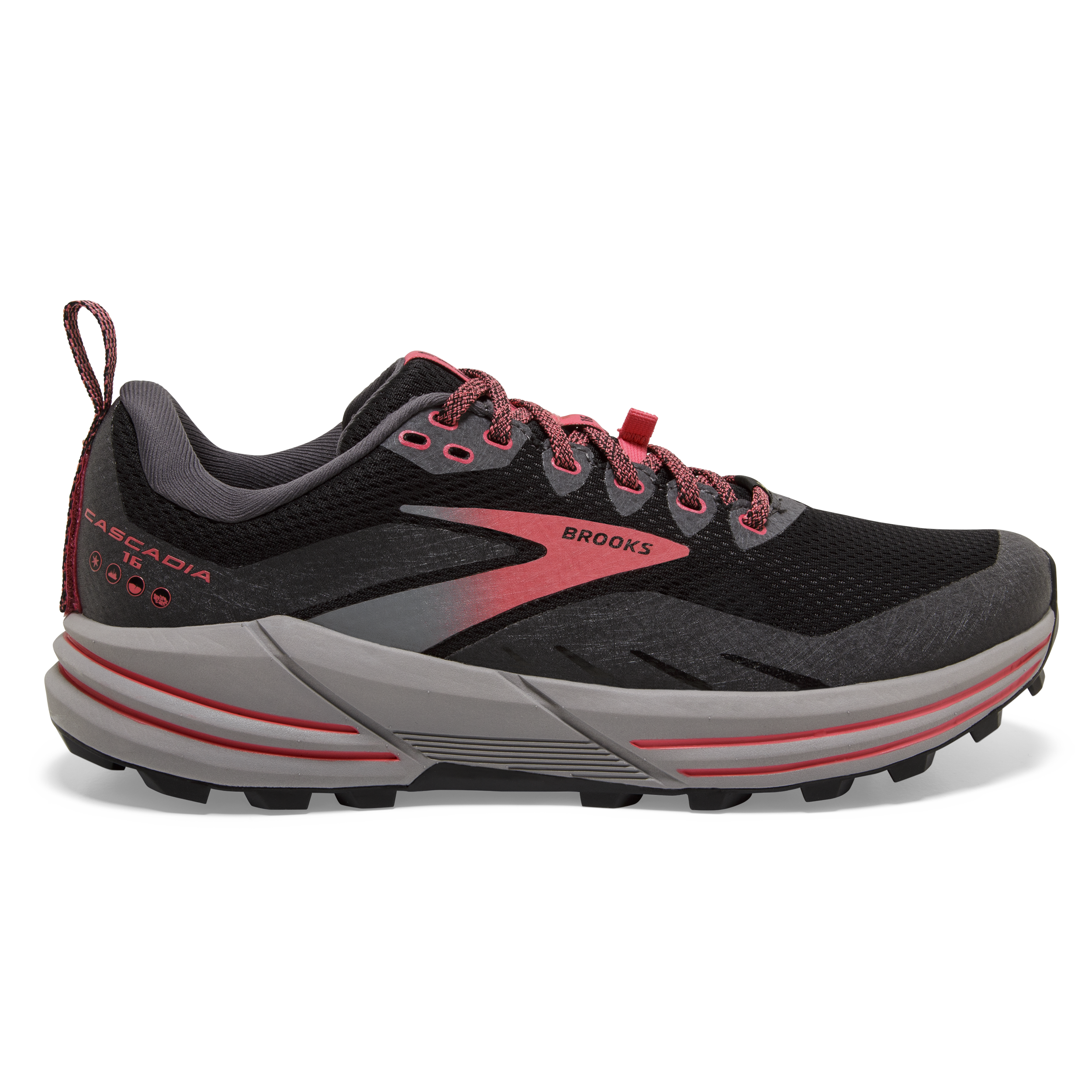 Women's Brooks Cascadia 16 GTX, Black/Blackened Pearl/Coral, 7 B Medium