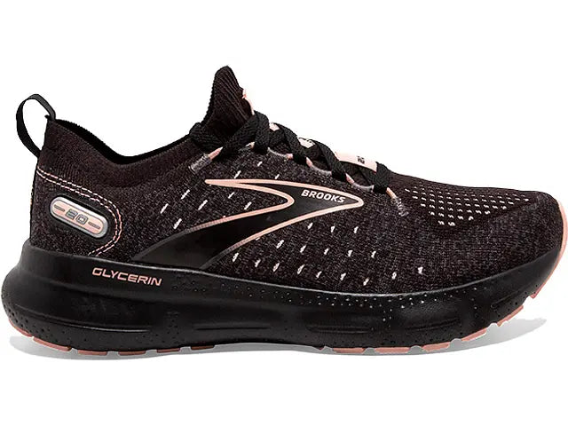 Women's Brooks Glycerin StealthFit 20, Black/Pearl/Peach, 7.5 B Medium