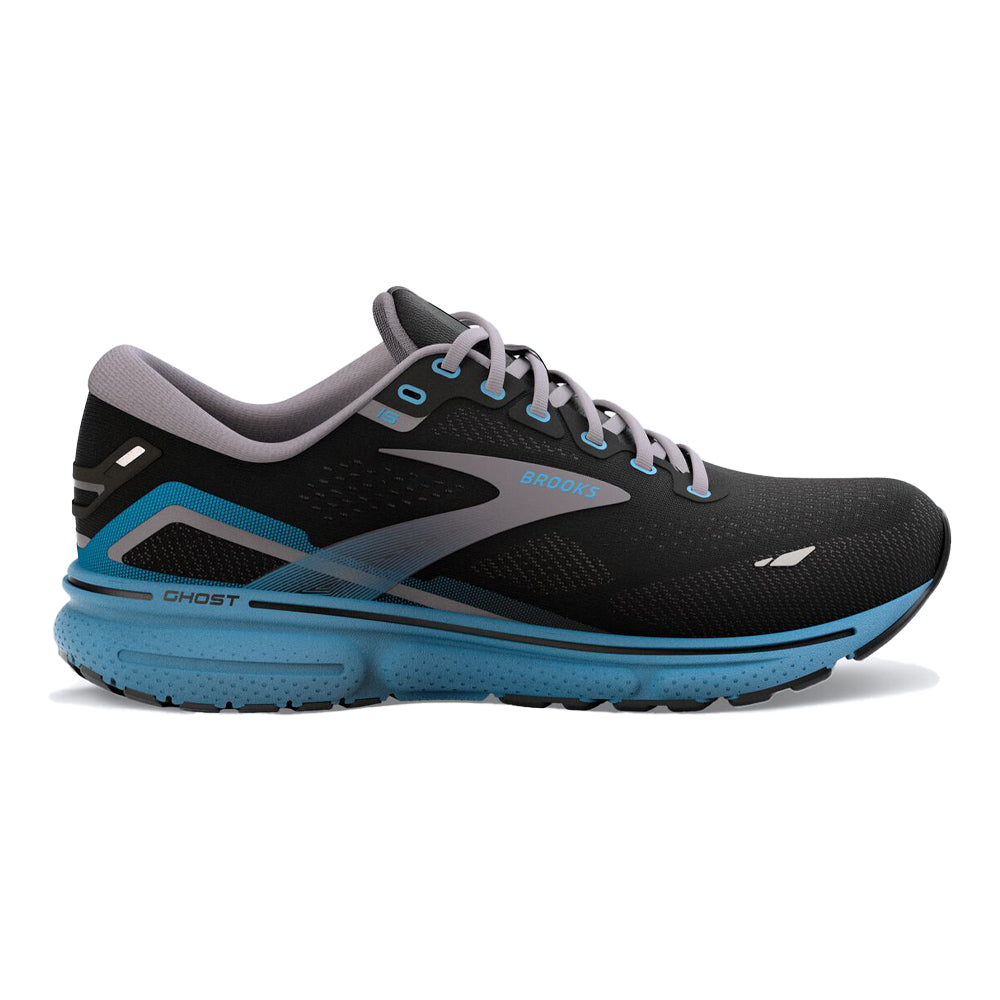 Men's Brooks Ghost 15, Black/Blackened Pearl/Blue, 9.5 D Medium