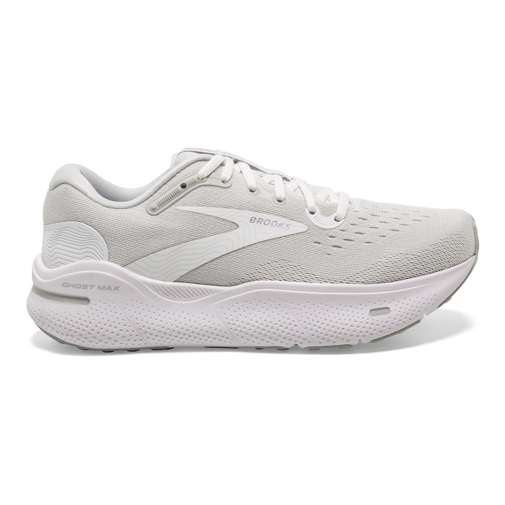 Men's Brooks Ghost Max, White/Oyster/Metallic Silver, 10.5 2E Wide