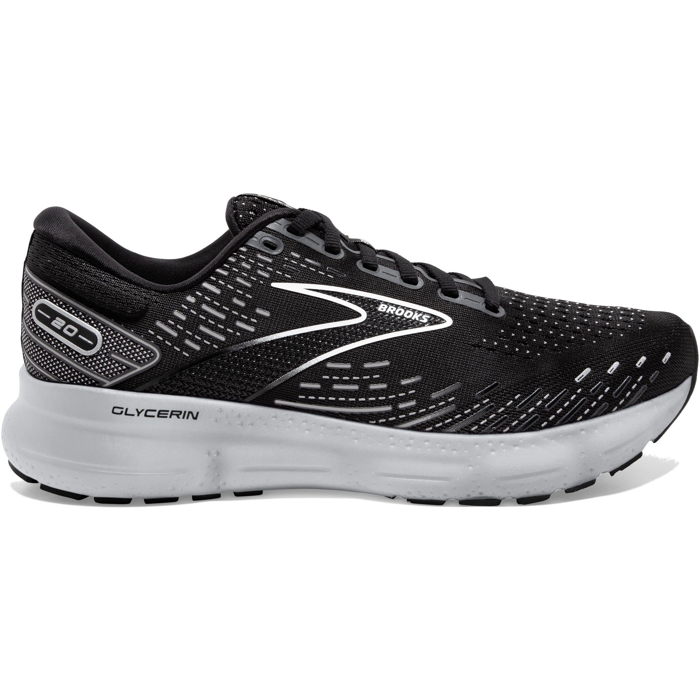 Men's Brooks Glycerin 20, Black/White/Alloy, 9.5 D Medium