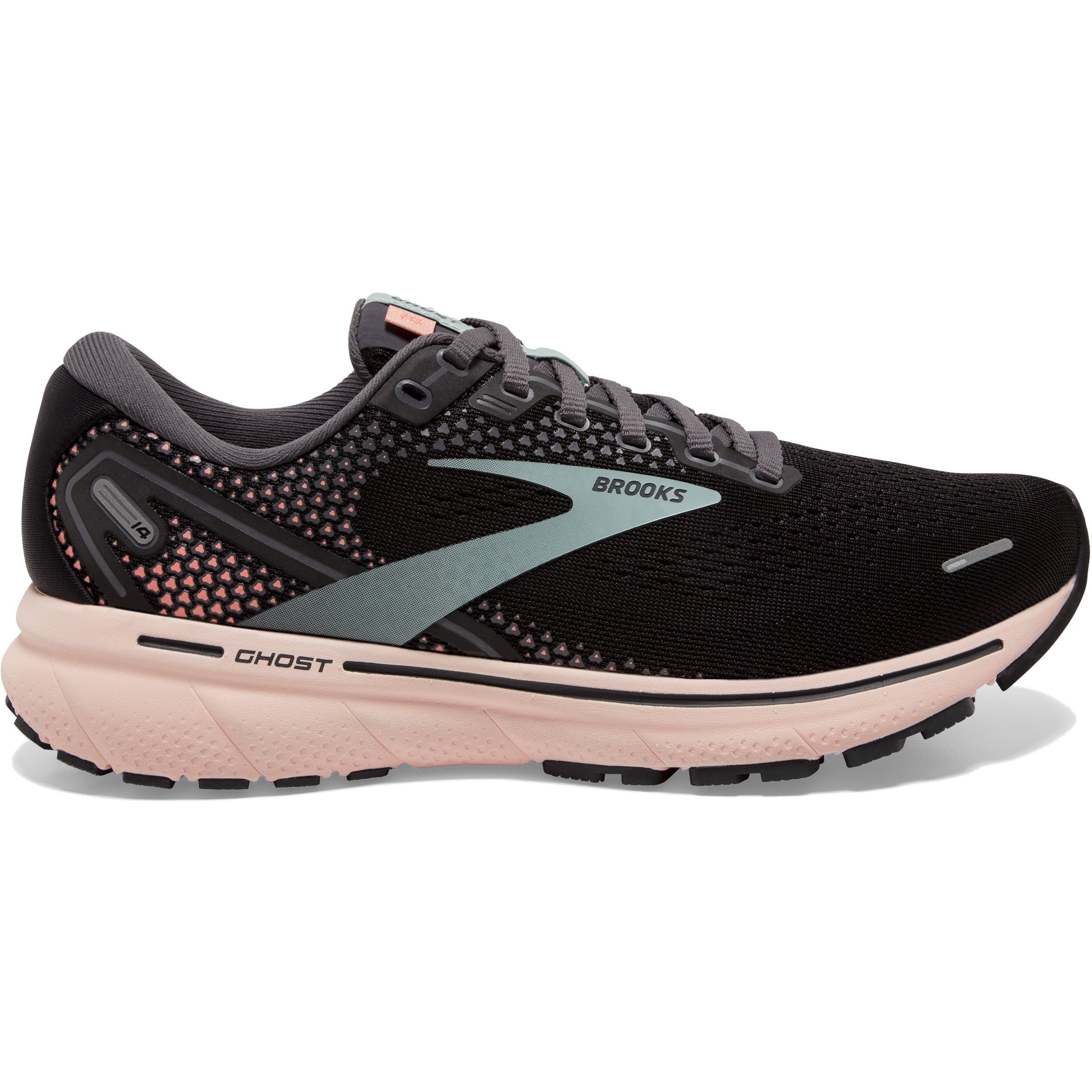 Women's Brooks Ghost 14, Black/Pearl/Peach, 8.5 B Medium