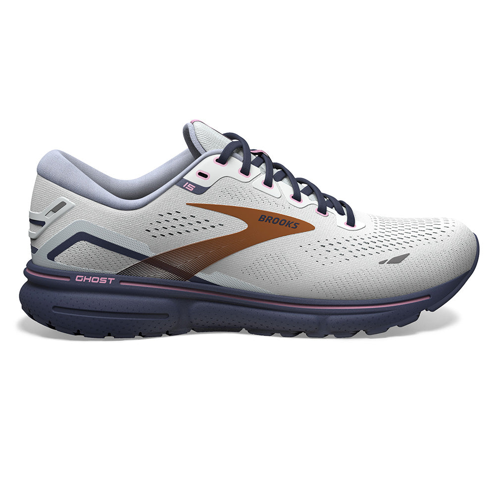 Women's Brooks Ghost 15, Spa Blue/Neo Pink/ Copper, 6.5 D Wide