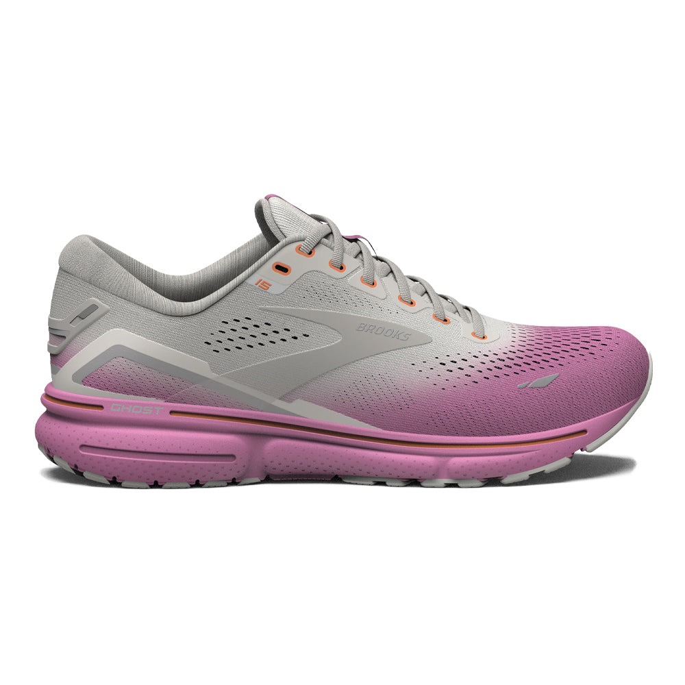 Women's Brooks Ghost 15, Grey/Coconut/Fuchsia, 9 B Medium