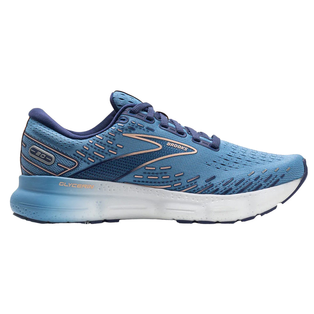 Women's Brooks Glycerin 20, Blissful Blue/Peach/White, 9 B Medium
