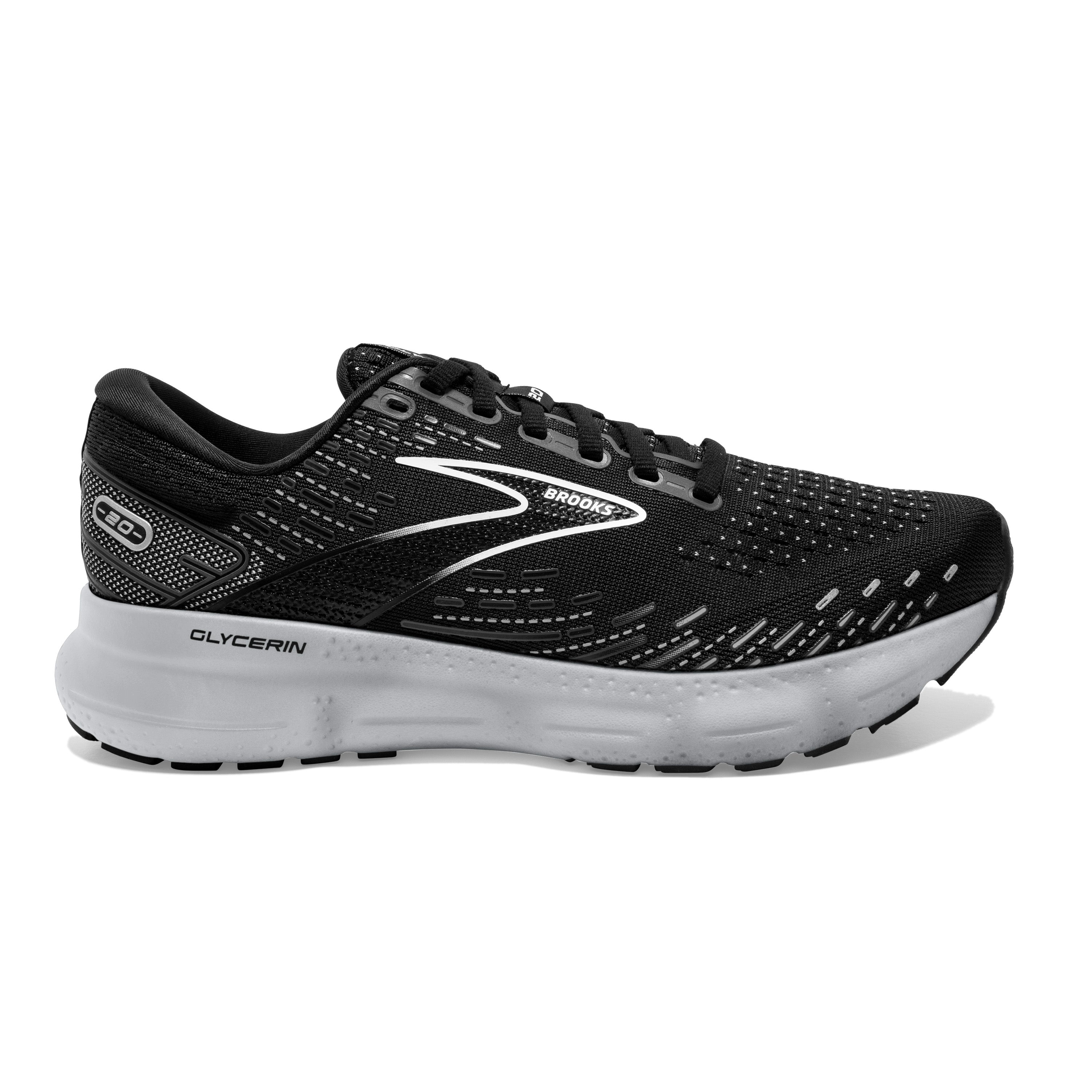 Women's Brooks Glycerin 20, Black/White/Alloy, 7.5 D Wide