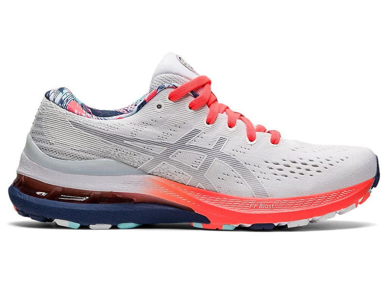 Women's Asics Gel-Kayano 28, White/Thunder Blue, 5 B Medium